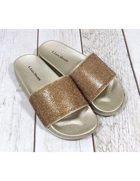 Złote błyszczące klapki z cyrkoniami