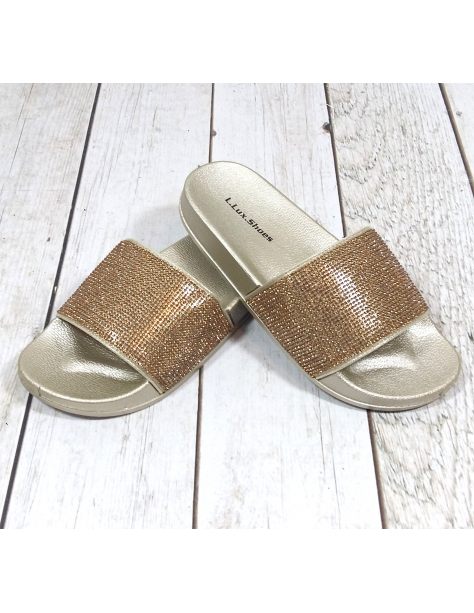 Złote błyszczące klapki z cyrkoniami