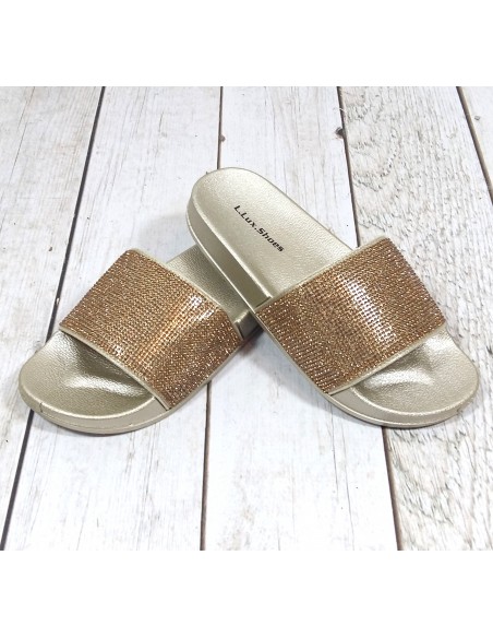 Złote błyszczące klapki z cyrkoniami