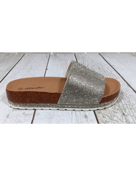 Klapki na korku z cyrkoniami - silver