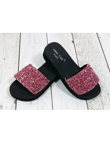 Brokatowe klapki damskie - pink